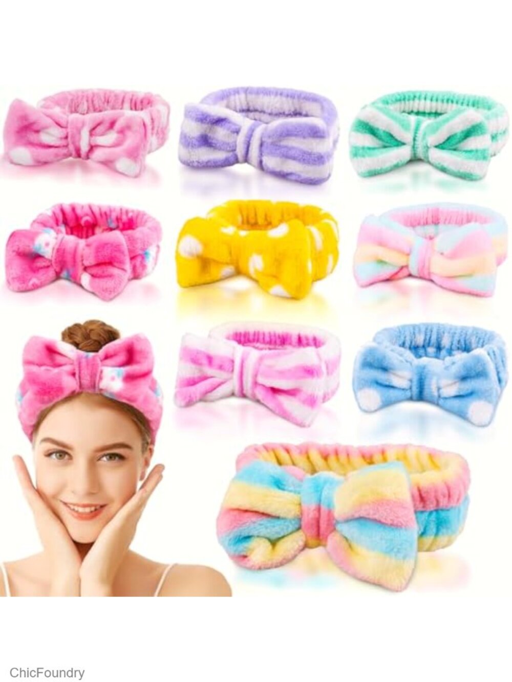 9 Pack Microfiber Skincare Headbands with Bow Tie for Face Washing Beauty